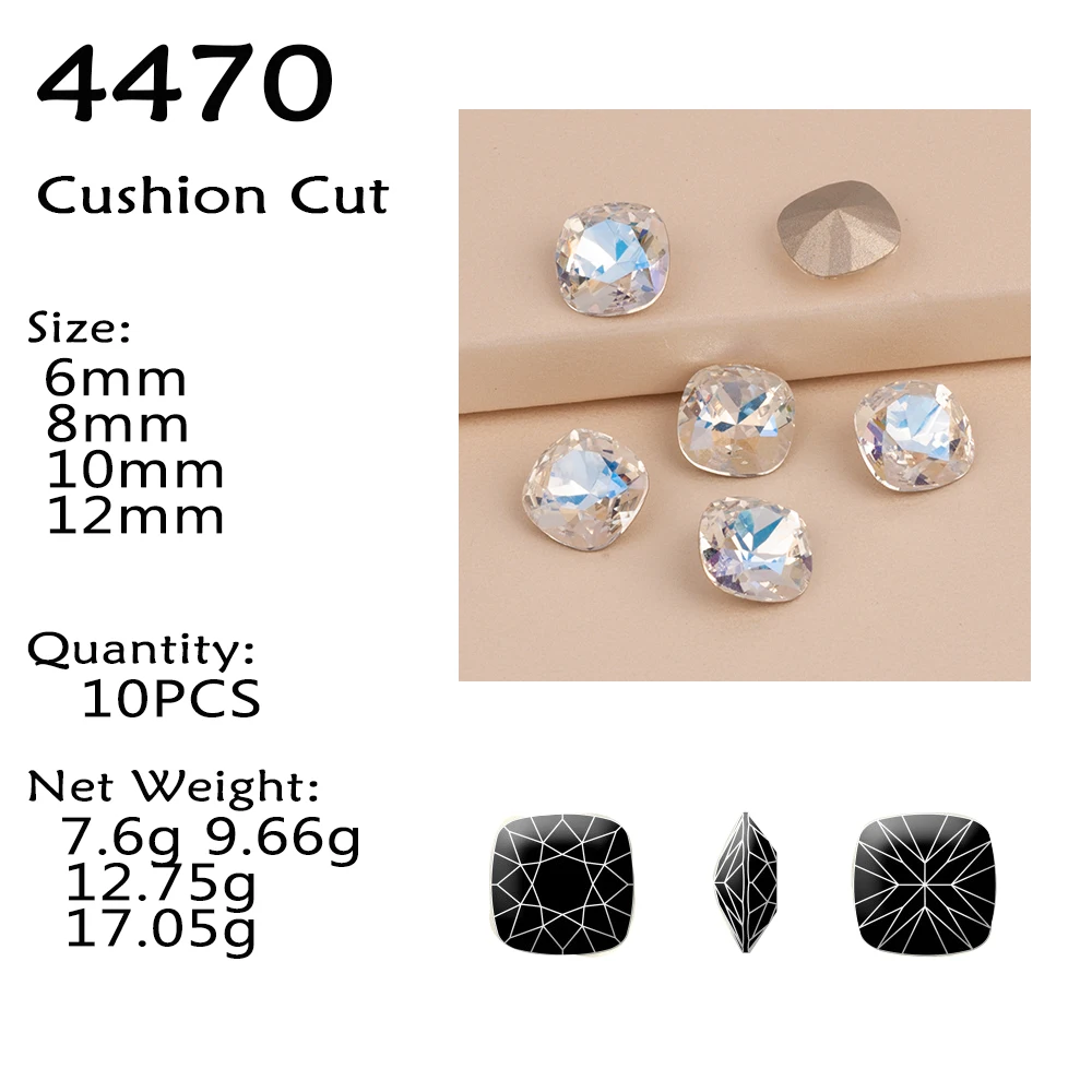 10pcs Moonlight Cushion Cut K9 Fancy Crystal Different Sizes Glass Nail Charms Rhinestones for 3D DIY Nail Art Decoration