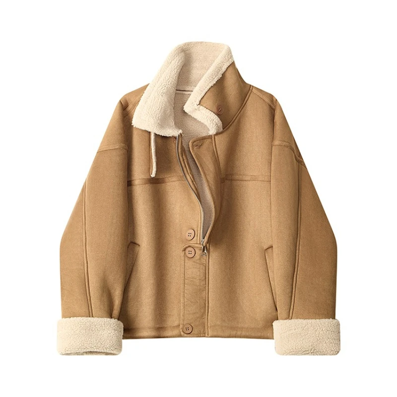Fur and fur one-piece short jacket women in winter 2025 new thick velvet and warm casual motorcycle cotton jacket