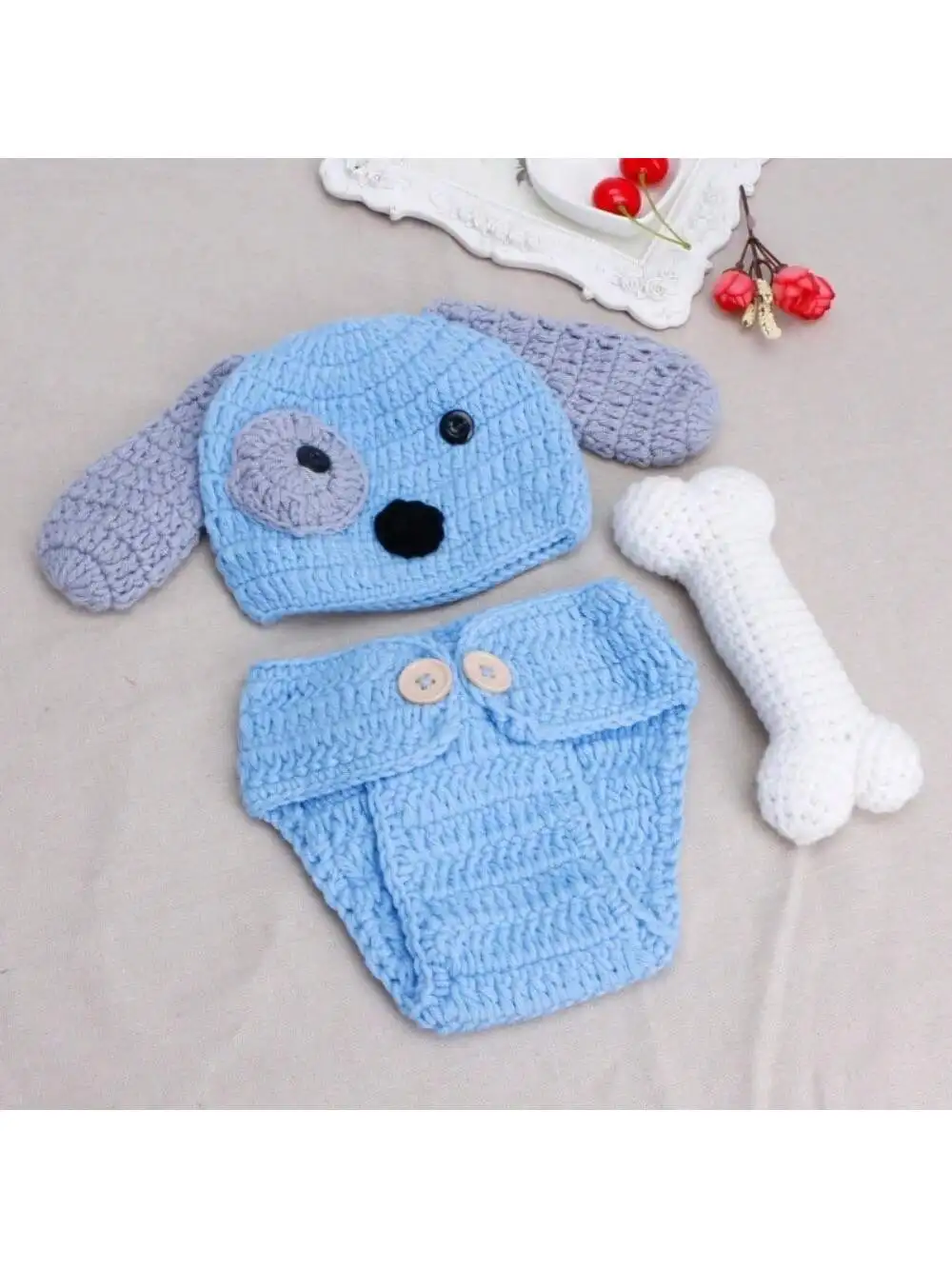 Newborn Photography Props Baby Puppy Costume Hat Cape Set Boy Girls Photo Shoot Props Outfits Crochet Knitted Dog Clothes Studio