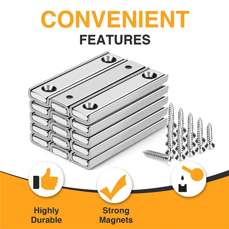 Ímã de barra de neodímio de 15 unidades com furos escareados, ímã de pote retangular de 70 lb, resistente com parafusos - 60X13,5X5mm