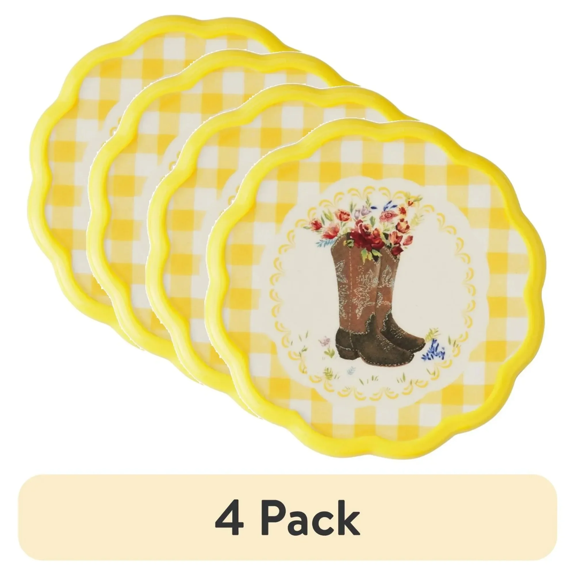 

(4 pack) Gingham with Ranch Icons Set of 4 Ceramic Coasters