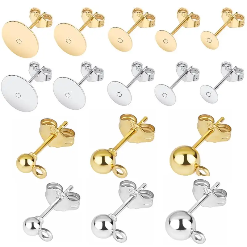 20pcs/lot 925 Silver Plated Blank Post Earring Studs Base Findings Earring Pin Connector Ear Back DIY Jewelry Making Accessories
