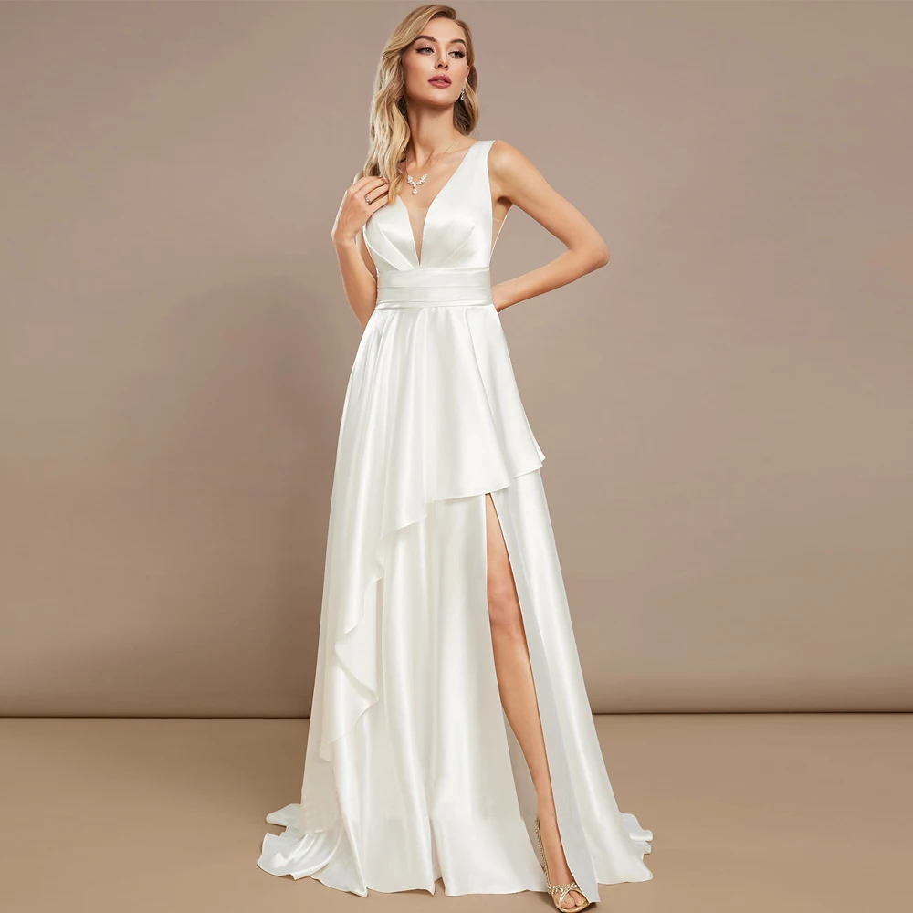 

Simple Deep V Neck Wedding Dresses Wide Straps Sleeveless Bridal Grown Side Slit Floor Length Tiered Sweep Vestido De Noiva 2024