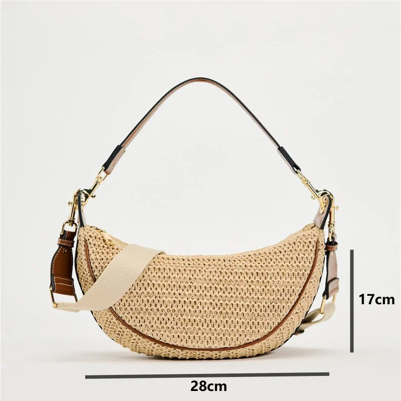 

Ladies Summer Half Moon Straw Woven Crossbody Bag Women Beach Holiday Shopping Woven Shoulder Handbag Messenger Small Tote Purse