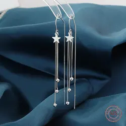 925 Sterling Silver Long Tassel Star Drop Earrings for Women Elegance Pentagram Round Bead Korean Earring Wedding Bride Jewelry