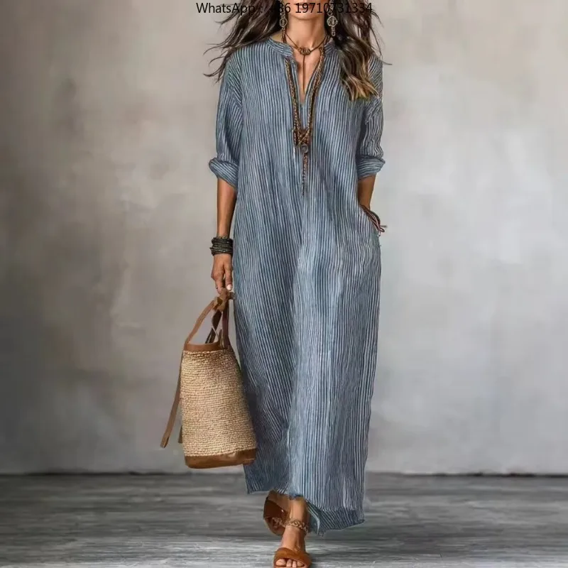 Women's Vintage Striped Maxi Dress  V Neck Half Roll Sleeve Side Pockets Loose Casual Long Dress Elegant Summer Vacation Outfit