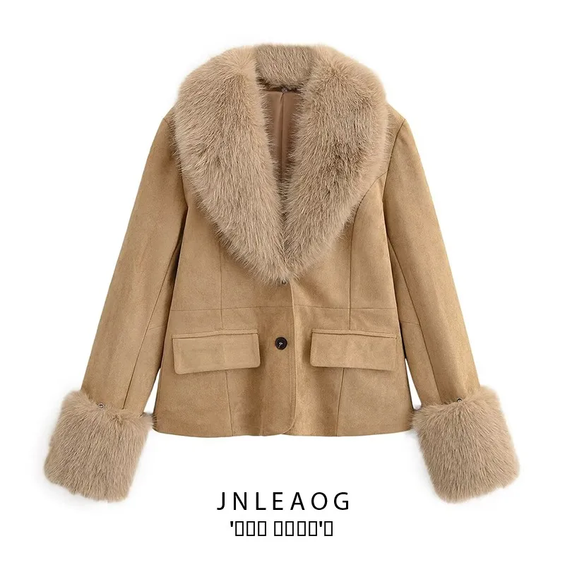 

Модный замшевый костюм Jaet со съемным меховым воротником, женский осенний новый костюм универсального дизайна с длинной пуговицей-стойкой...