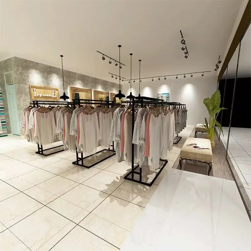 Gold front hanger floor-to-ceiling store middle shelf double pole shelf clothing store Nakajima double row display rack