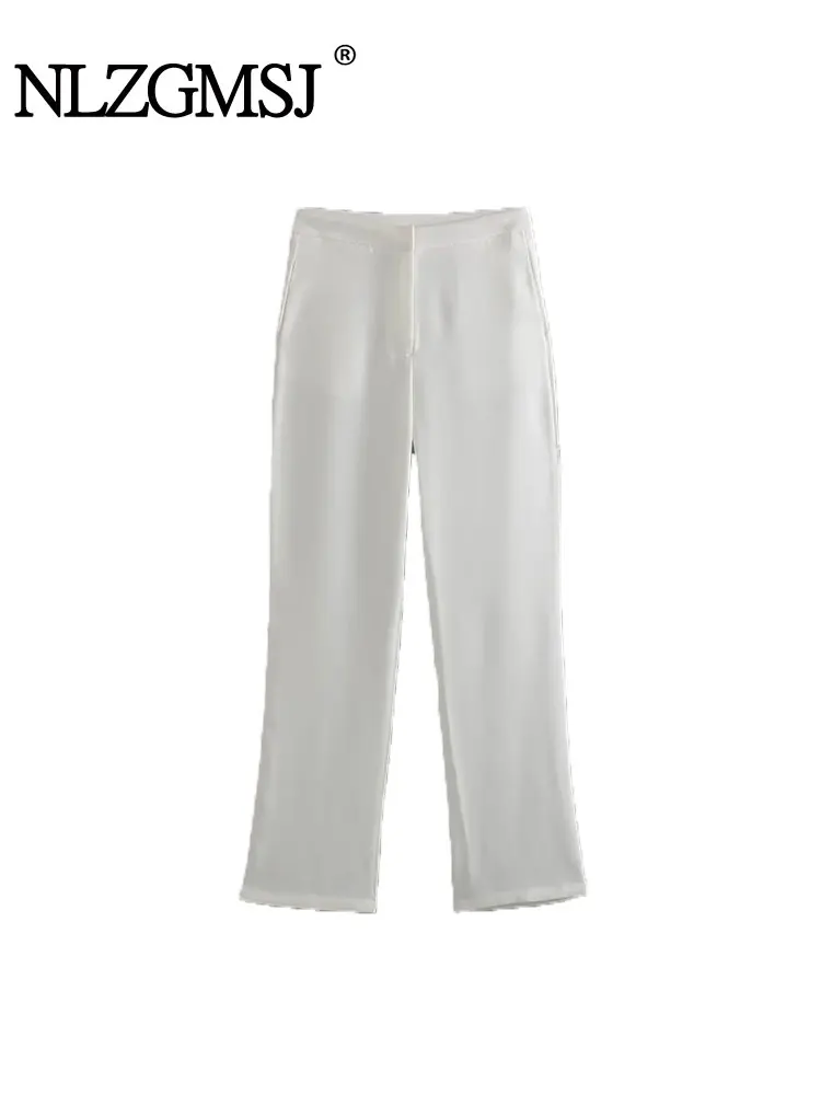 TRAF-Pantalon Décontracté Blanc pour Femme, Poches Latérales, Vintage, Taille Haute, Fermeture Éclair, Nouvelle Mode 2024