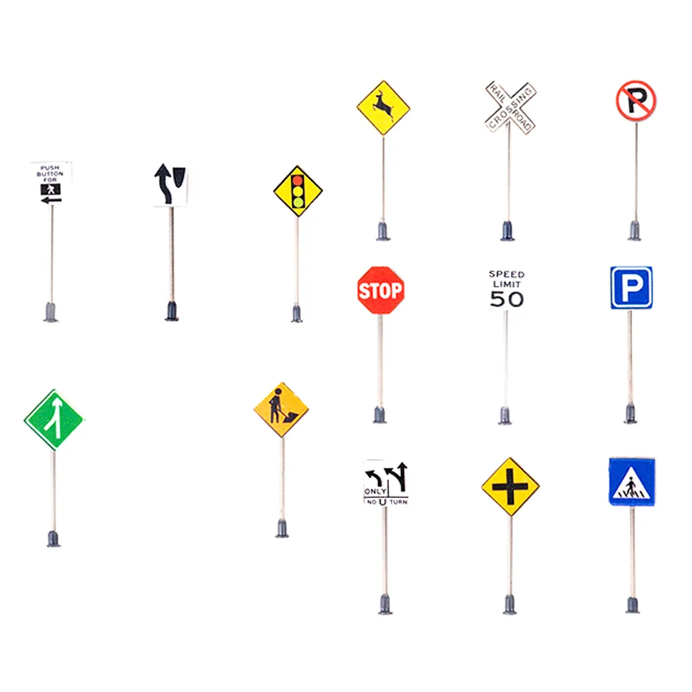 14 Pcs Micro Landscape Accessories Miniature Traffic Signs ABS Sand Table Decor Indicator Plus Stainless Steel Barrier Model