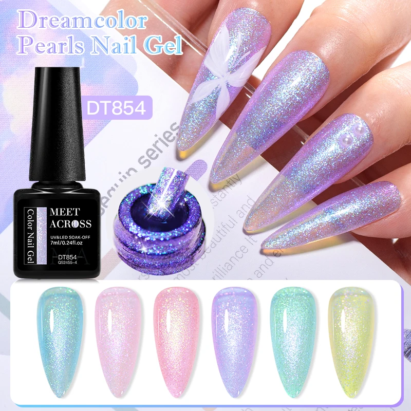 MEET ACROSS 7ml Purple Pink Blue Aurora Dream Color Gel Nail Polish For Manicure Pearls Shimmer Soak Off UV Gel LED Nail Art