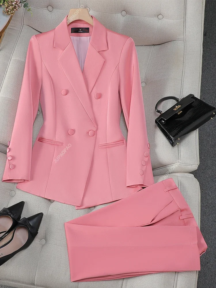 Blazer et pantalon formel 2 pièces pour femme, tenue de bureau, bleu, rose, jaune, tenue de travail