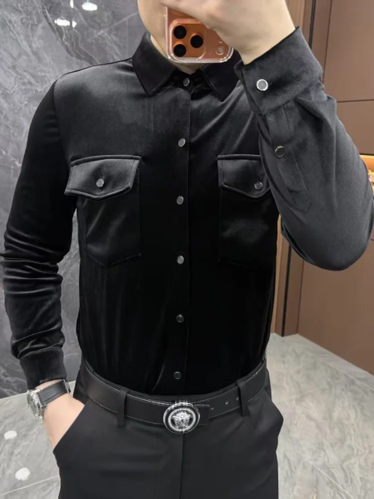 

Мужская приталенная рубашка из бархата класса люкс: новинка осенне-зимнего сезона, модная, универсальная, с длинным рукавом, на пуговицах, повседневная