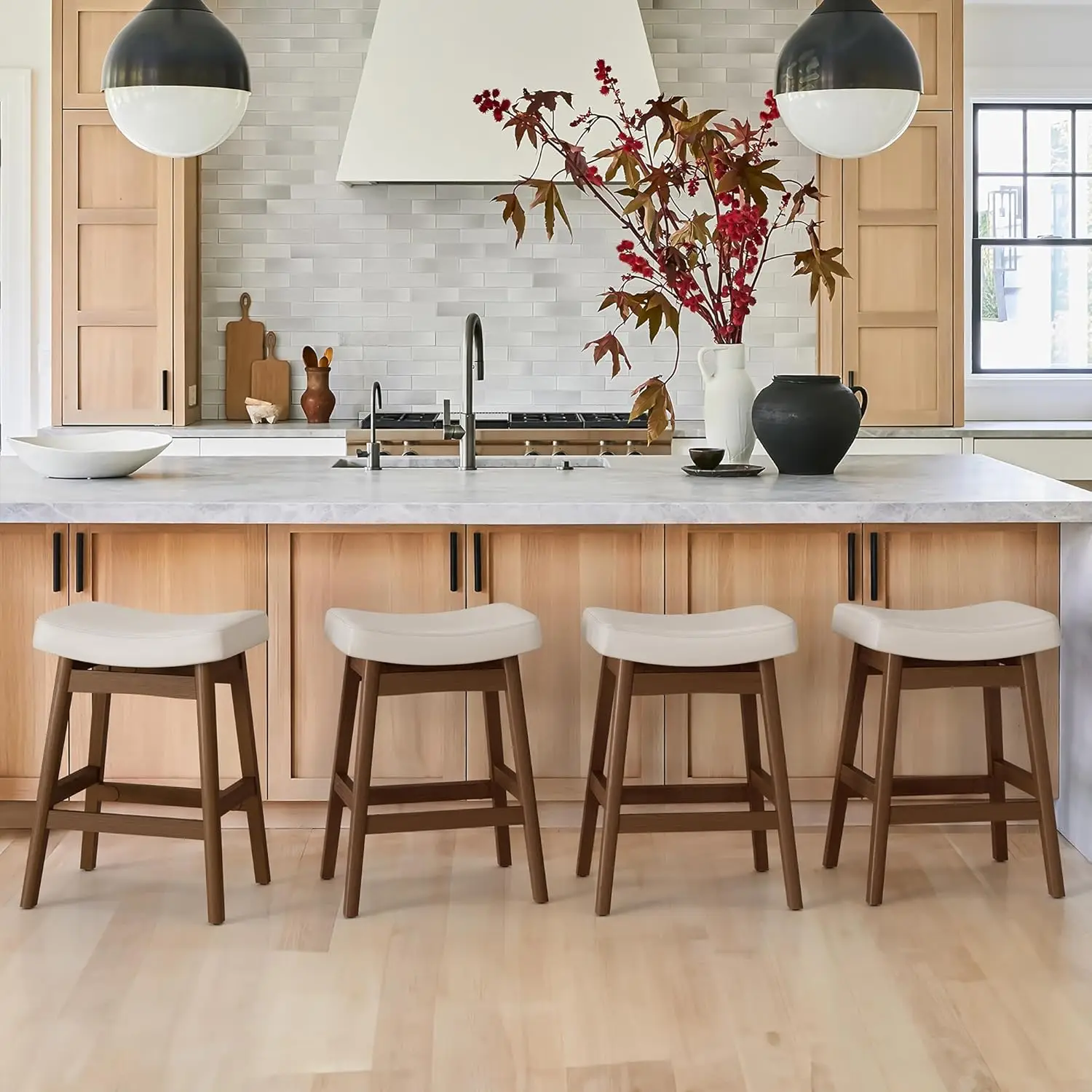 바 스툴 3개 세트, 카운터 높이, 농가 스타일, 앤티크 화이트 가죽