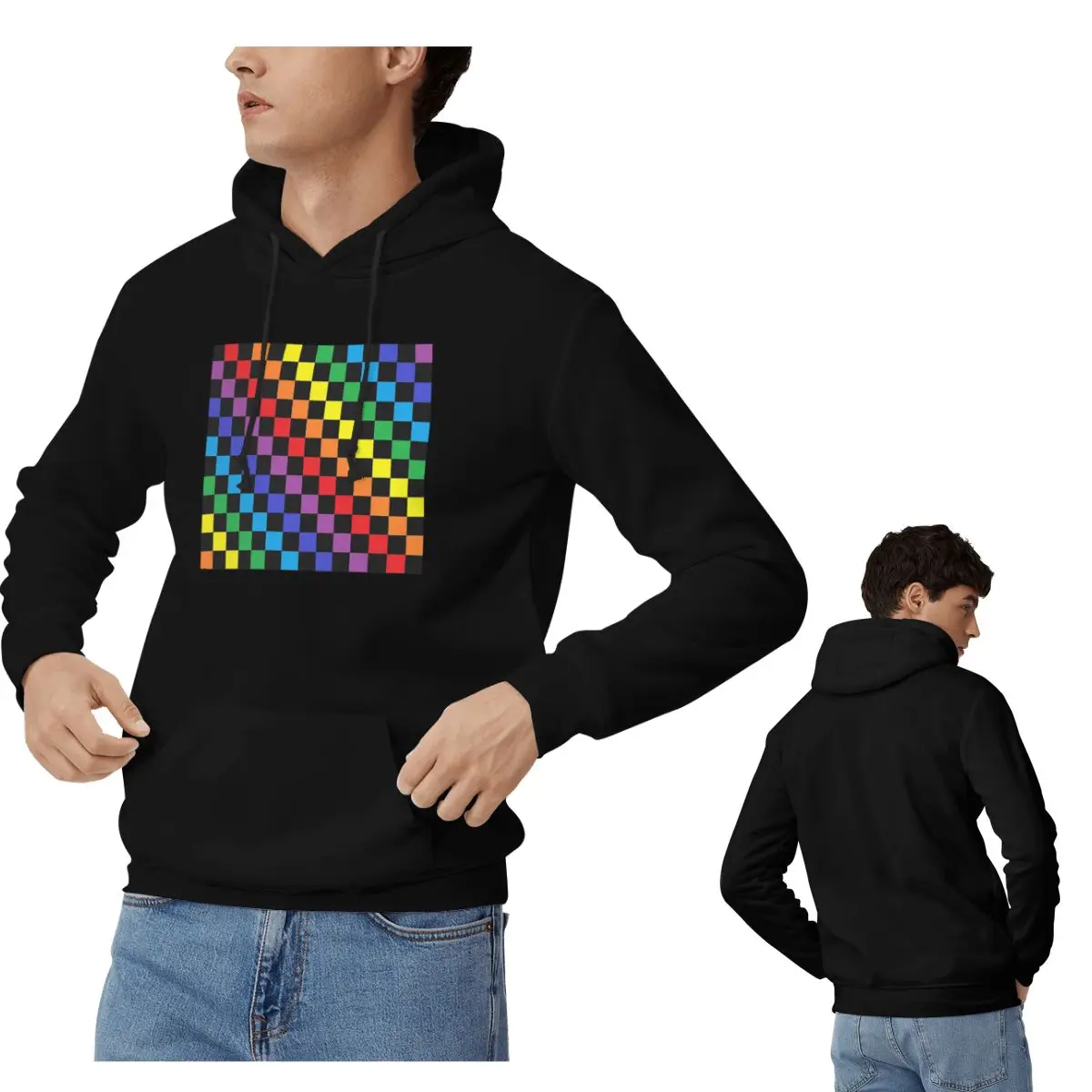 

Клетчатые радужные черные толстовки для мужчин и женщин, повседневные пуловеры, толстовки, модная уличная одежда с длинными рукавами, осень-зима