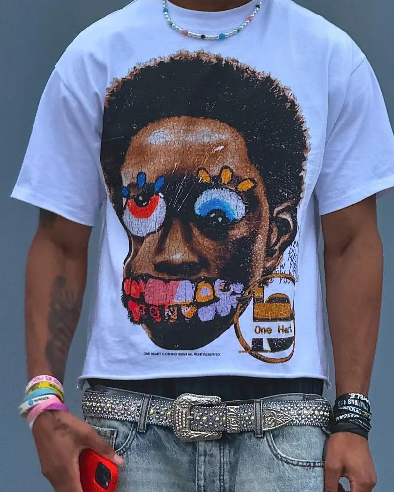 T-shirt surdimensionné imprimé grosse tête pour hommes, haut à manches courtes, hip-hop de rue Y2K, mode décontractée Harajuku, tendance gothique