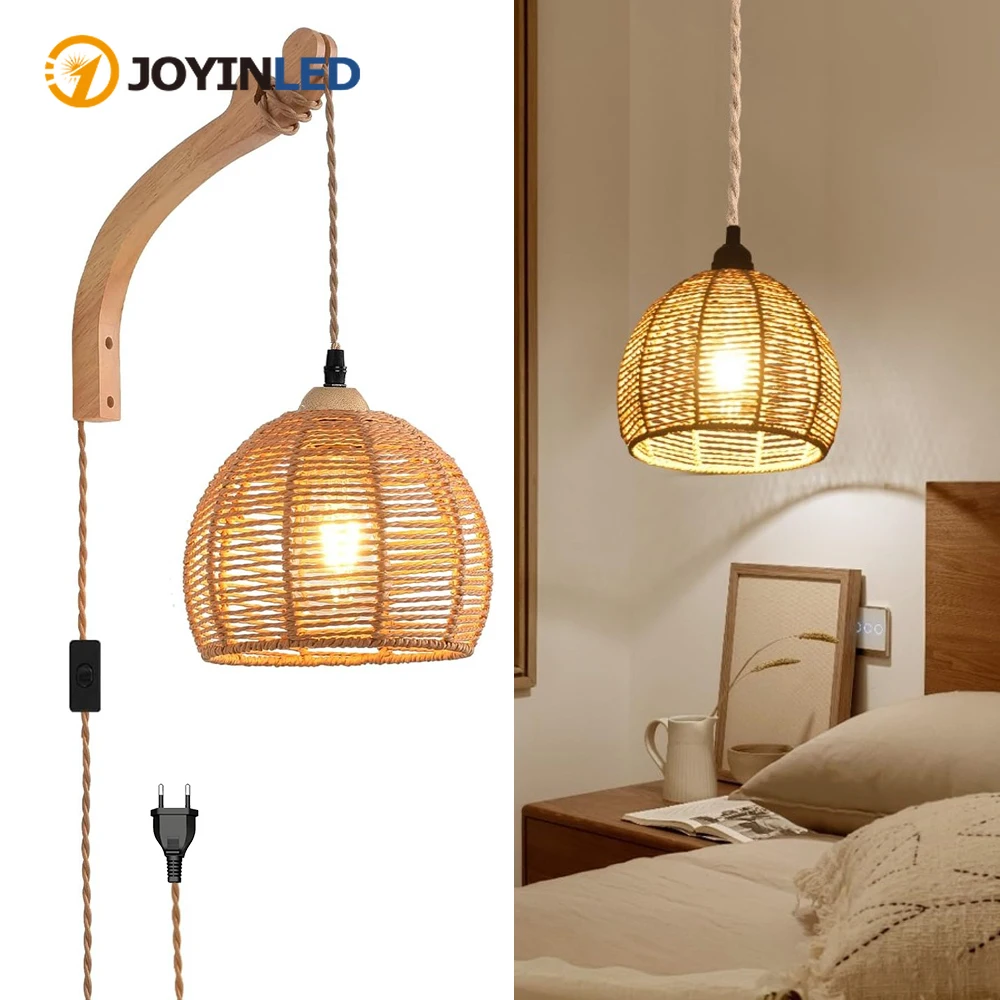 

JOYINLED Plug in Rattan Wall Sconces Boho Wall Lamp with Plug in Cord Farmhouse Light Fixtures with 3M On/Off Switch for Bedroom