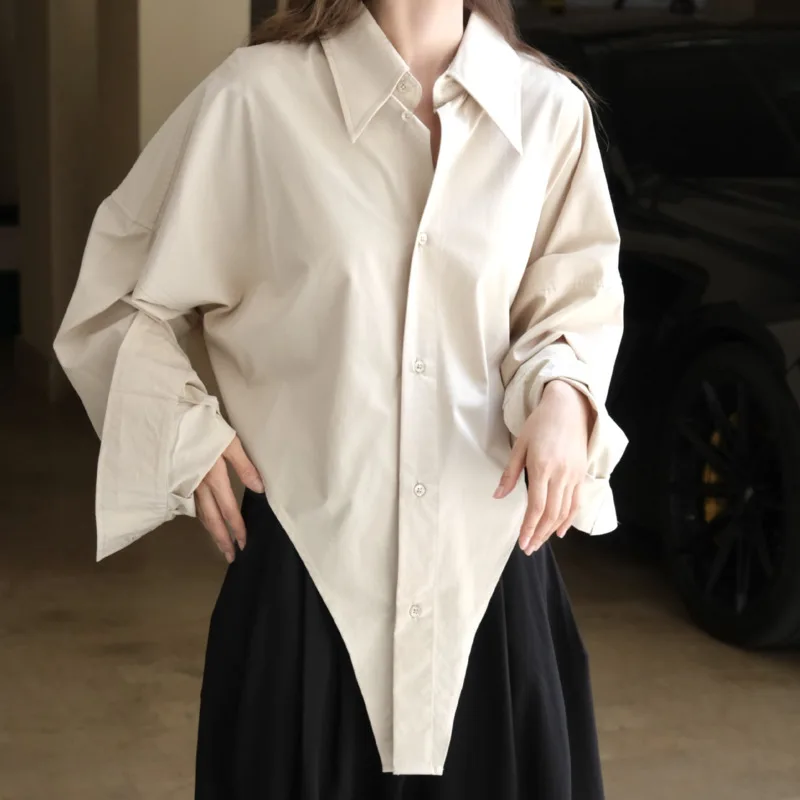 HKSH Autumn New Women Shirt Turn-down Collar Single Breasted Irregular Hem Solid Color Korean Office Lady Ins Casual Top HK11417