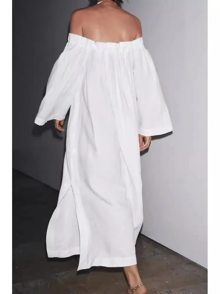 Nuevo Vestido de Lino en Línea A para Mujer, Otoño 2025, Hombros Descubiertos, Estilo Casual, Hoado, Manga Tres Cuartos, Ve...