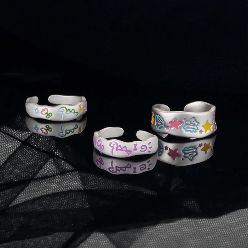Original Design Color Painted Graffiti Rings for Couple Lovers Best Friends Cartoon Dinosaur Pattern Multiple Wear Ways Ring Set