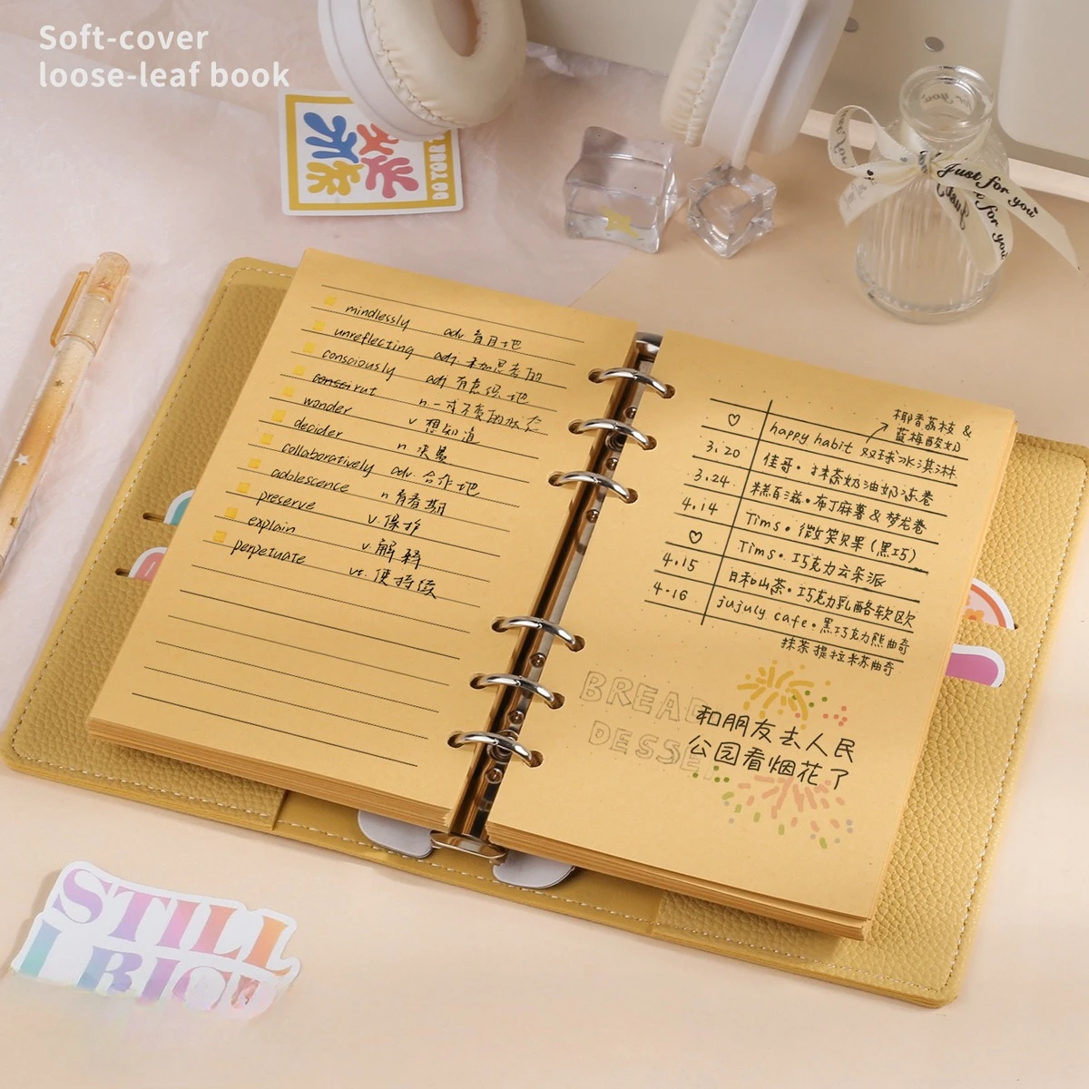 A6  Soft Pu Binder PU Clip-on Notebook Leather Loose Leaf Notebook Cover with Craft Line Notebooks Journal Stationery