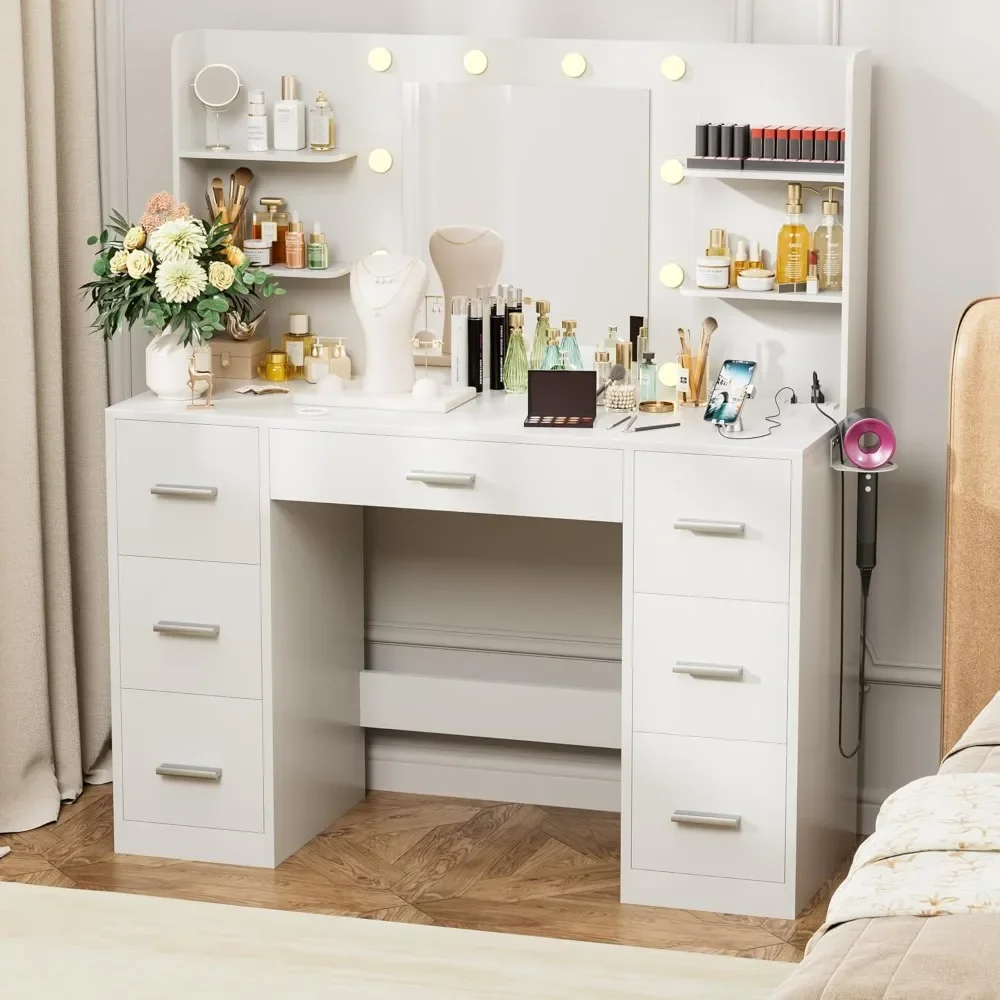 

Vanity Desk with LED Lighted Mirror, Power Outlet, 3 Light Modes, 7 Drawers, 6 Storage Shelves for Bedroom and Dressing Room