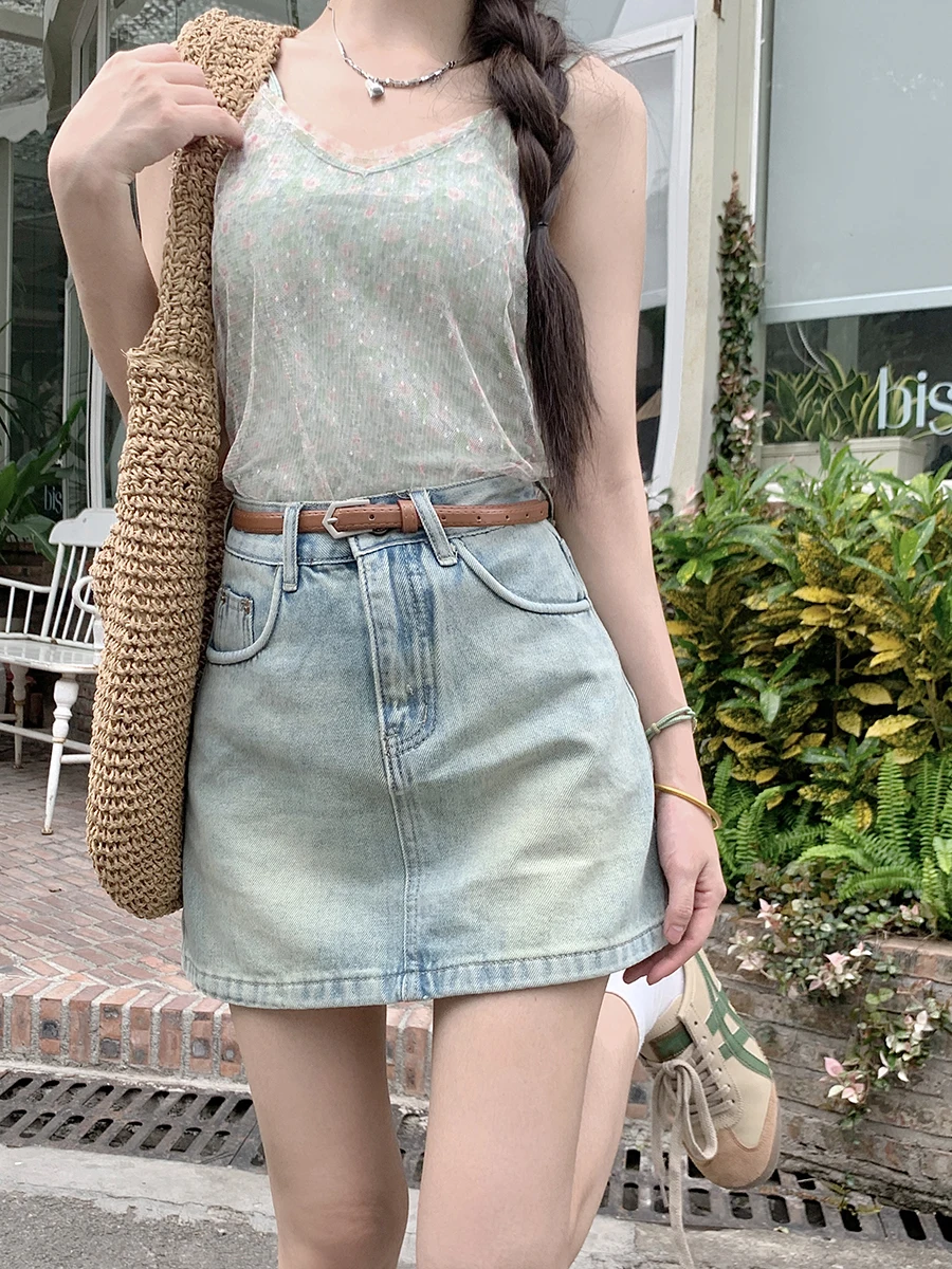 

Benuynffy Streetwear High Waist Denim Skirt Women Summer Korean Fashion Y2k Retro Casual A-line Jean Mini Skirts Without Belt