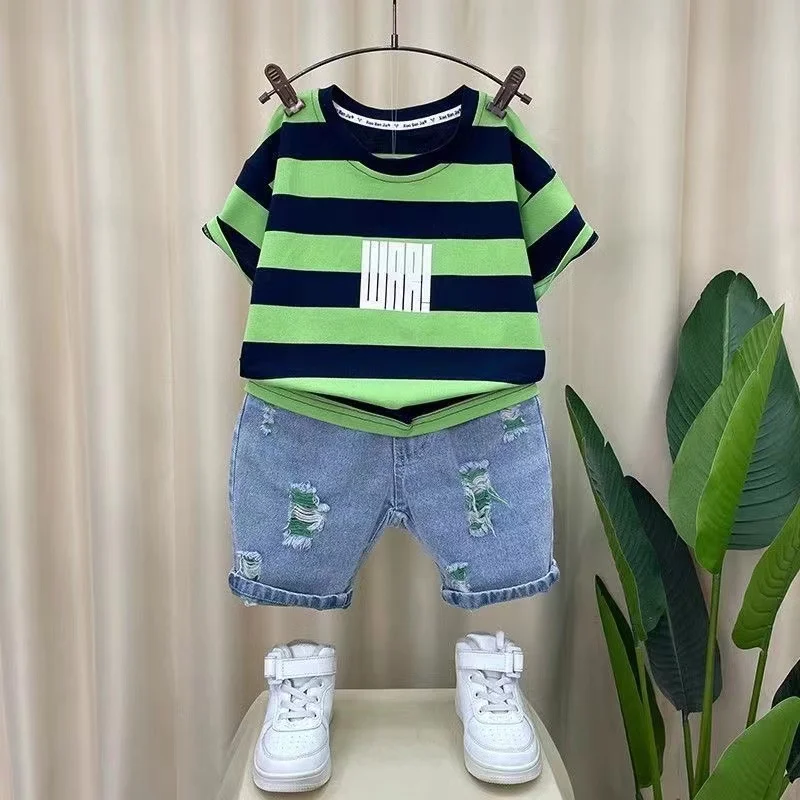 Fashion Short Sleeve Striped T-Shirt Tops And Jeans Shorts Baby Boys Clothes Kids Outfits Summer 2PCS Boutique Clothing Tide Set