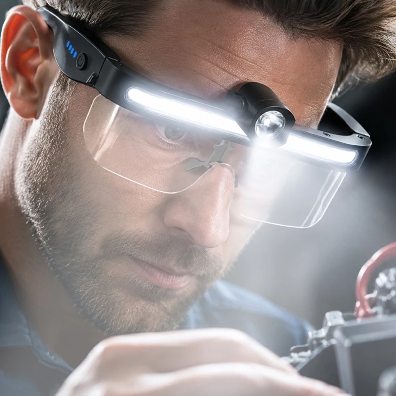 USB Rechargeable Work Light Glasses for Night Tasks, Side Area Lighting, Pivoting Center Lamp, and Wearable Fit for Repair 831F