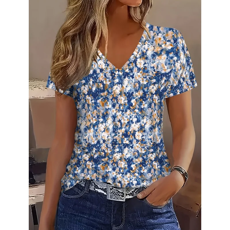 Abstract Painting Plant Blue White Orange Floral Flower Contrast Small Scattered Flowers Breathable V-Neck Short Sleeve T-Shirt