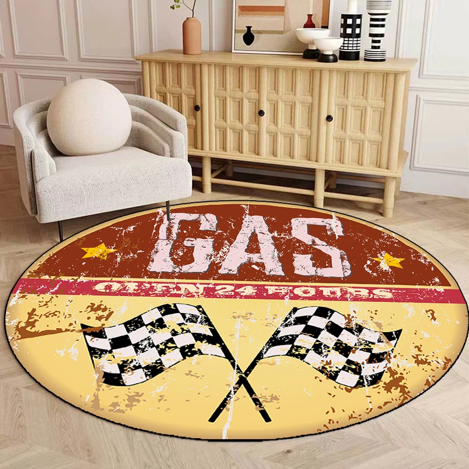 Vintage Carpet 3D Print Classic Motorcycle Garage Round Floor Mat Retro Car Living Room Rug Luxury Home Decor Non-Slip Chair Mat