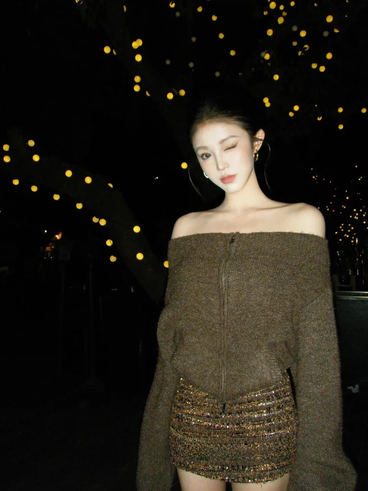 

Retro Zipper One-oulder Sweater Women's Loose Lazy Design ort Knitted irt Autumn Winter Faion Casual Sle Pure Color