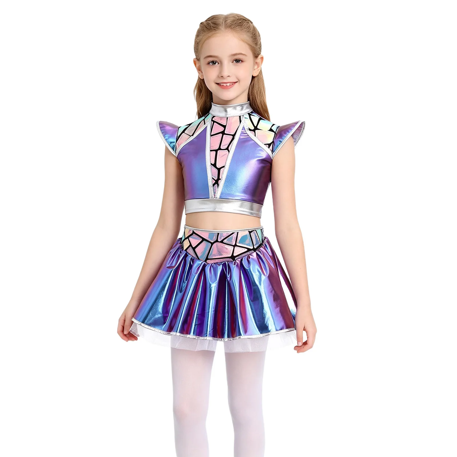 Mädchen-Cheerleader-Kostüm, Alien-Cosplay, Jazz-Hip-Hop-Cheerleading-Outfits, metallischer Reißverschluss hinten, bauchfreies Oberteil, mehrlagiger Rüschenrock – Detail 11