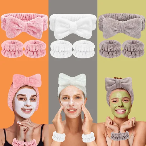 Juego de 3 diademas y muñequeras con lazo, diadema elástica suave, maquillaje para lavado de cara, diadema para el cuidado de la piel, banda para el cabello para Spa