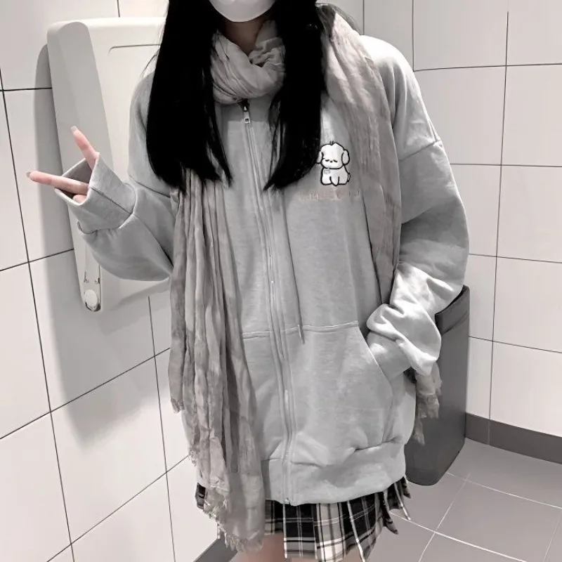 الشارع الشهير فتاة نمط Preppy مقنعين البلوز فضفاض الكلب المطرزة قلنسوة بسحاب الخريف الشتاء سترة بأكمام طويلة بلوزات فضفاضة