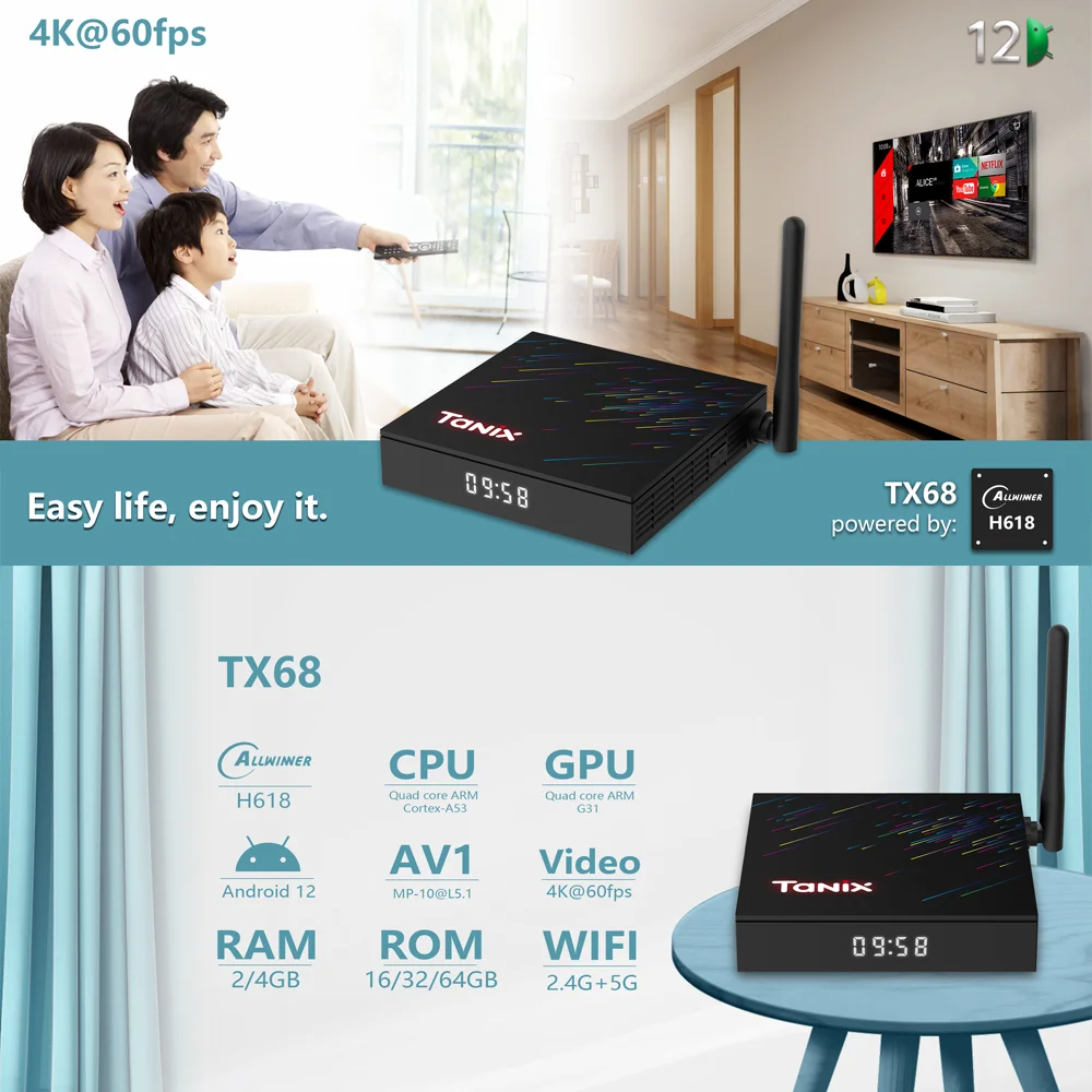 Original Tanix TX68 TV Box Android12 Allwinner H618 WiFi6 2G16G 4G 32G 64G 3D BT AV1 2.4G 5G Wifi 4K HDR Media Player Set TopBox