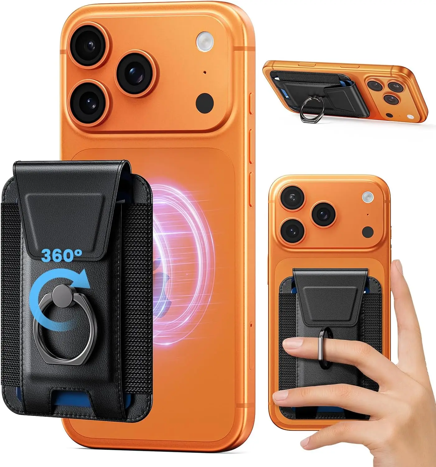 

for Mag-Safe Wallet with Adjustable 360° Ring – Magnetic Wallet for iPhone, RFID Blocking Privacy Flap Leather Phone Case with