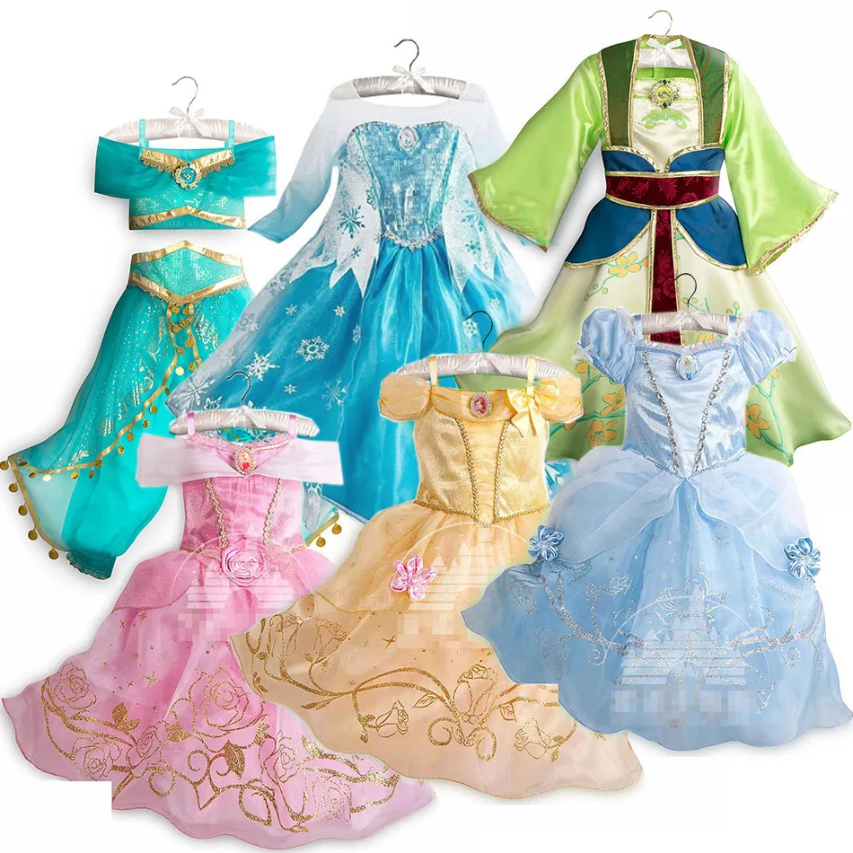 Cinderella Rapunzel Aurora Belle Cosplay Clothing Princess Elsa Party Girls Dress 2024 Carnival Halloween Jasmine Fancy Apparel