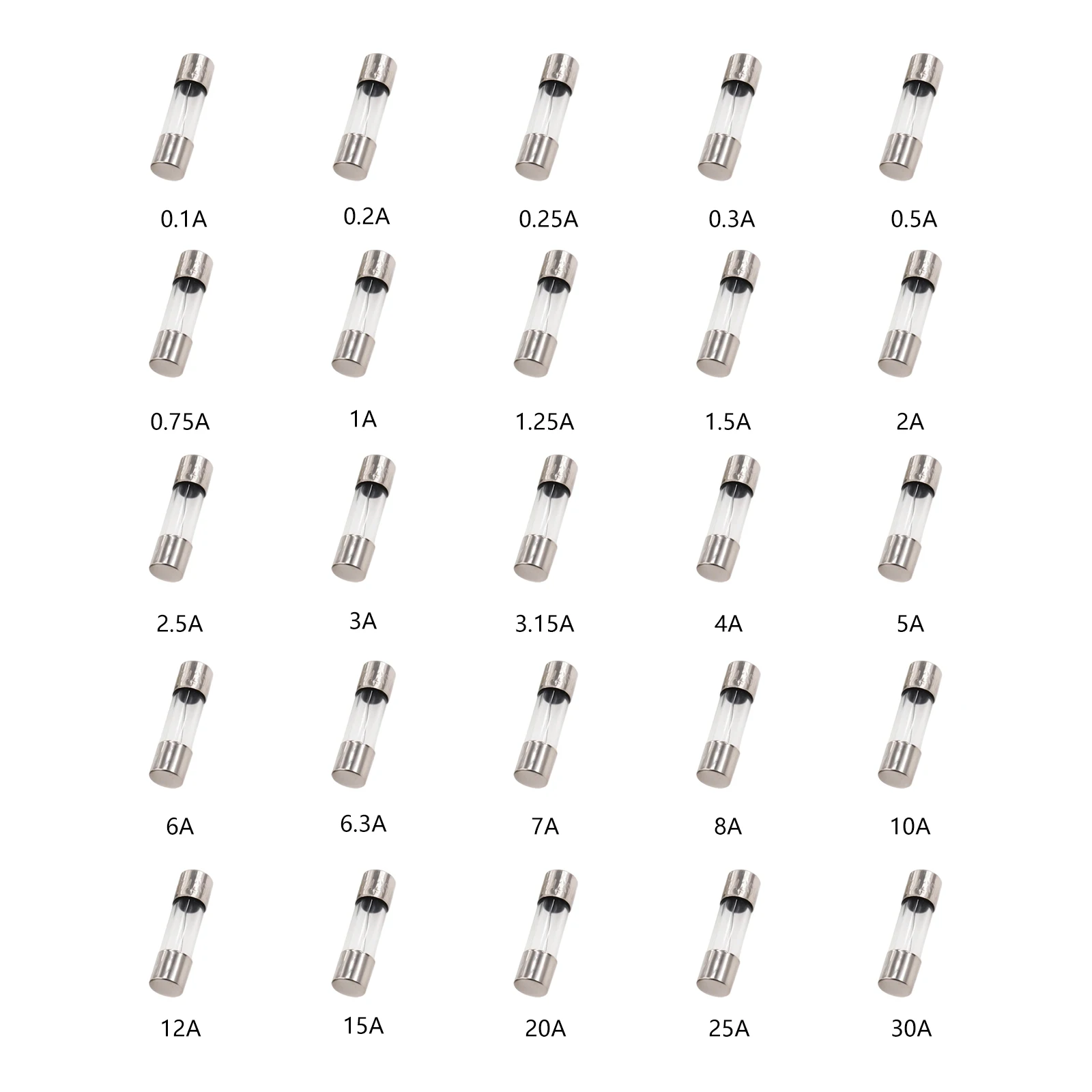 25 Values 5*20mm 250V Fast Blow Glass Fuse Kit 0.1/0.2/0.3/0.5/0.75/1/1.5/2/2.5/3/4/5/6/7/8/10/12/15/20/25/30 A Total 250 Pcs