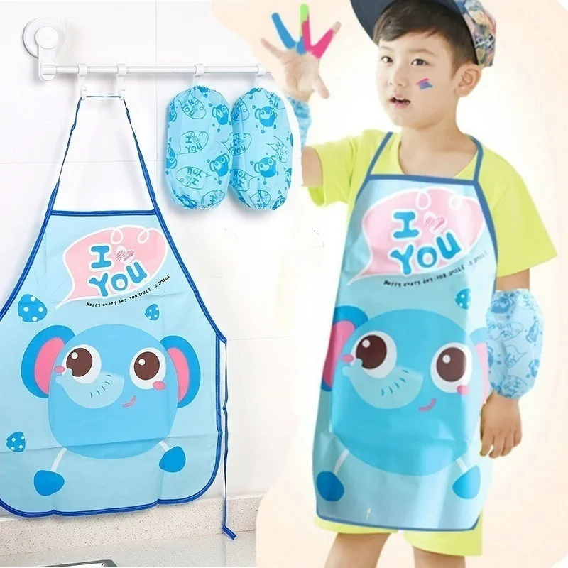 2pc/Set Cute Kids Chef Apron Sets Child Cooking Painting Waterproof Children Gowns Bibs Eating Clothes Drawing for Dinner