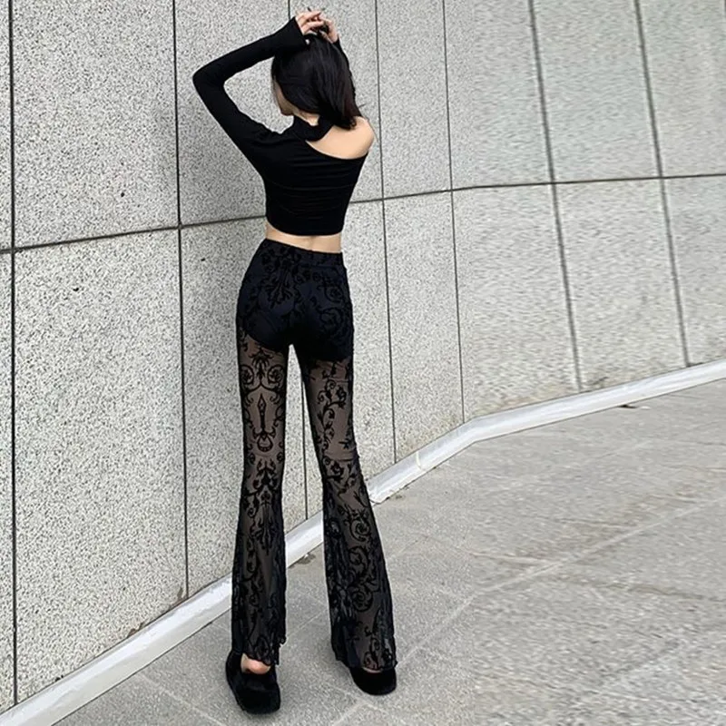 Sexy Lace Wide-leg Pants 2024 Summer Women Cool Black Hollow-out Pants Spice Girl Lace Slim Flare Pants High-waisted Trousers