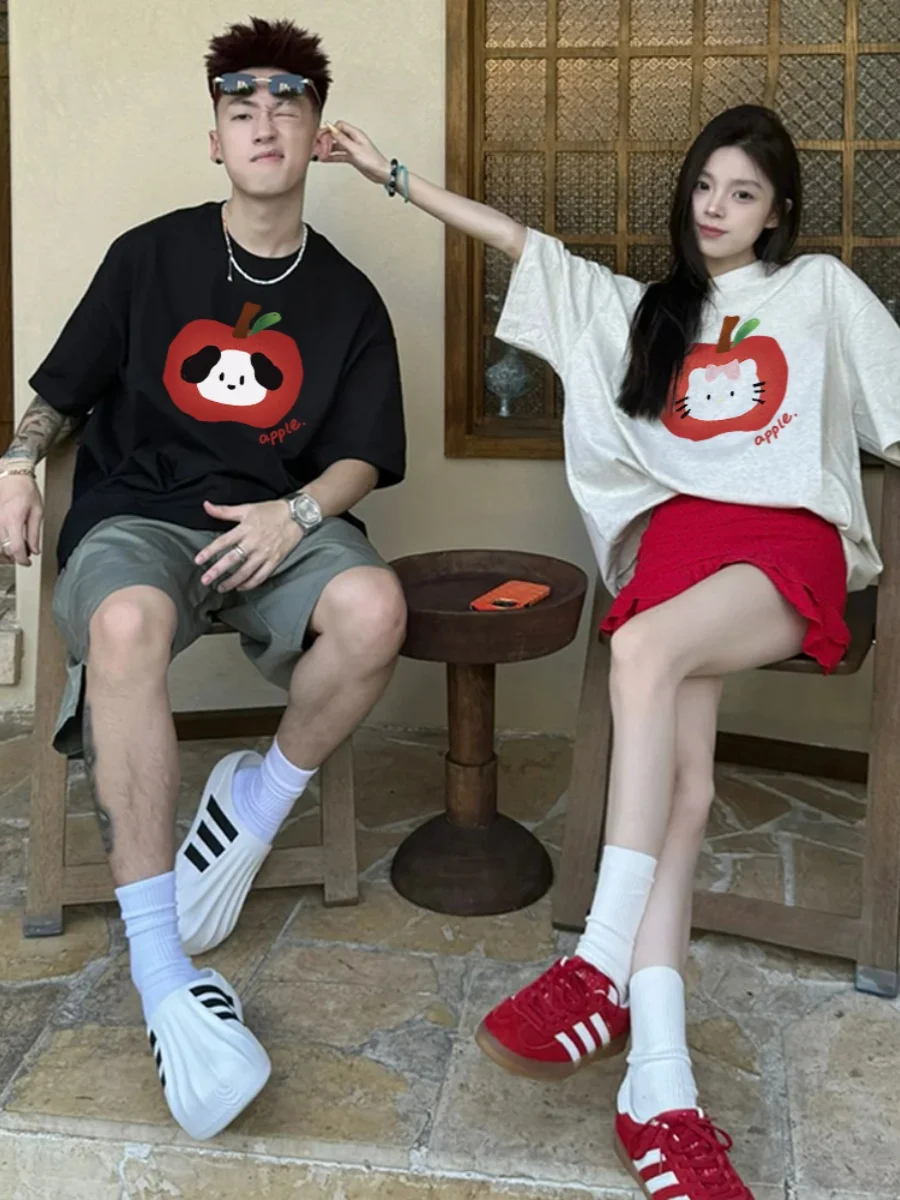 Cartoon picture couple wear short sleeve summer 2024 new high quality Internet celebrity cotton t-shirt top set women