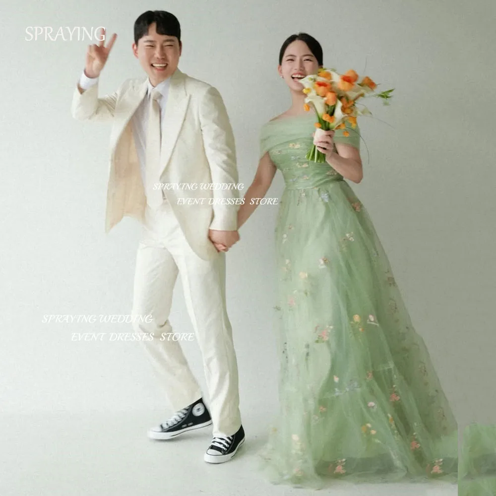 

SPRAYING Fairy Green Tulle Evening Dress Korea Wedding Dress Photo Shoot A line Strapless Shawl Long Corset Party Customized