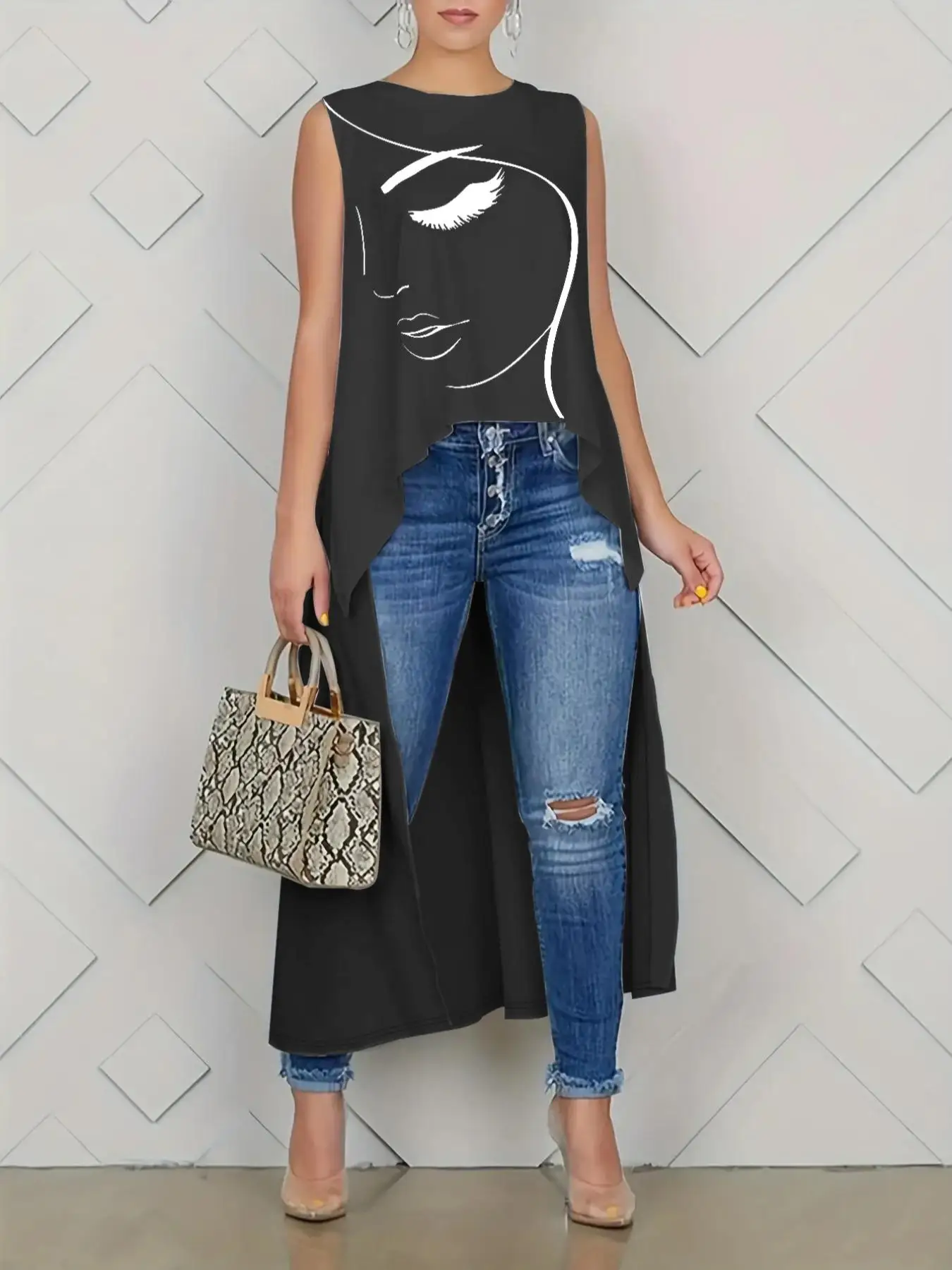 

【Plus Size】face Print Round Neck High Low Tank Top, Casual Elegant Sleeveless Top for Daily Wear, Women Plus Clothing for All Se