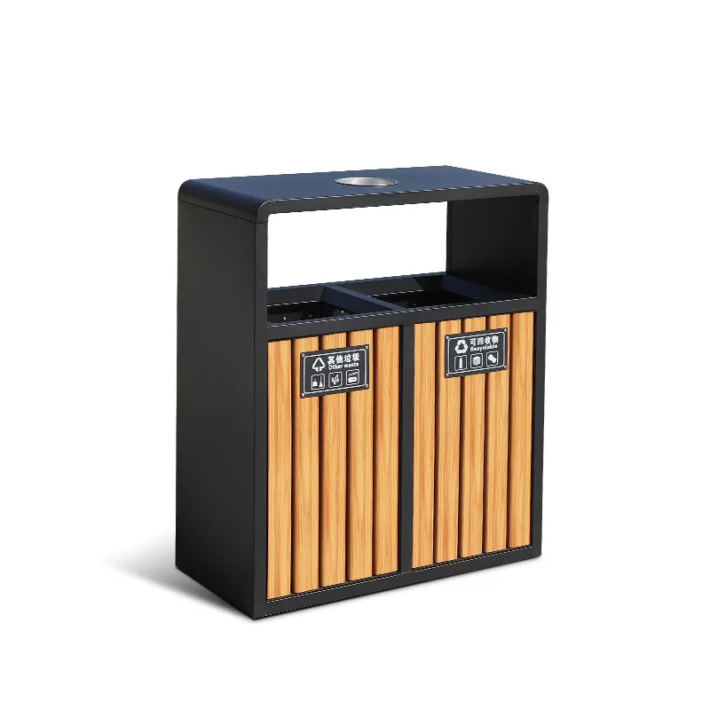 

Две категории уличных банок для мусора, пластиковых деревянных мусорных баков, металлических двойных банок для общественных парков, банок для кожуры