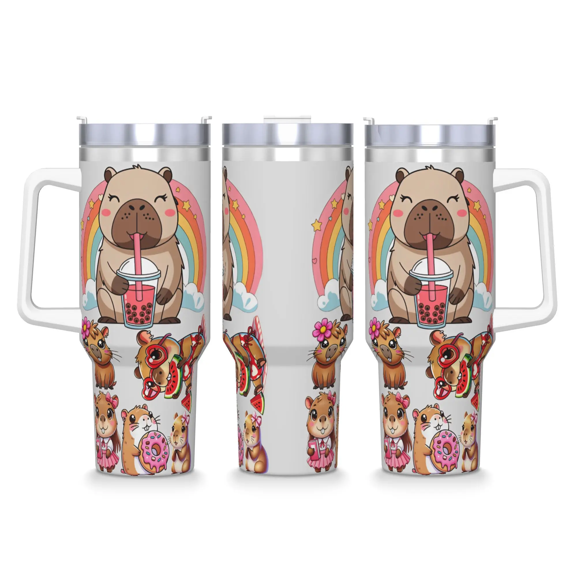 Stainless Steel Tumbler Variety Cute Capybara Bundle Bubble Tea Watermelon Donut Rainbow Flower Cartoon Mugs Cup With Straws