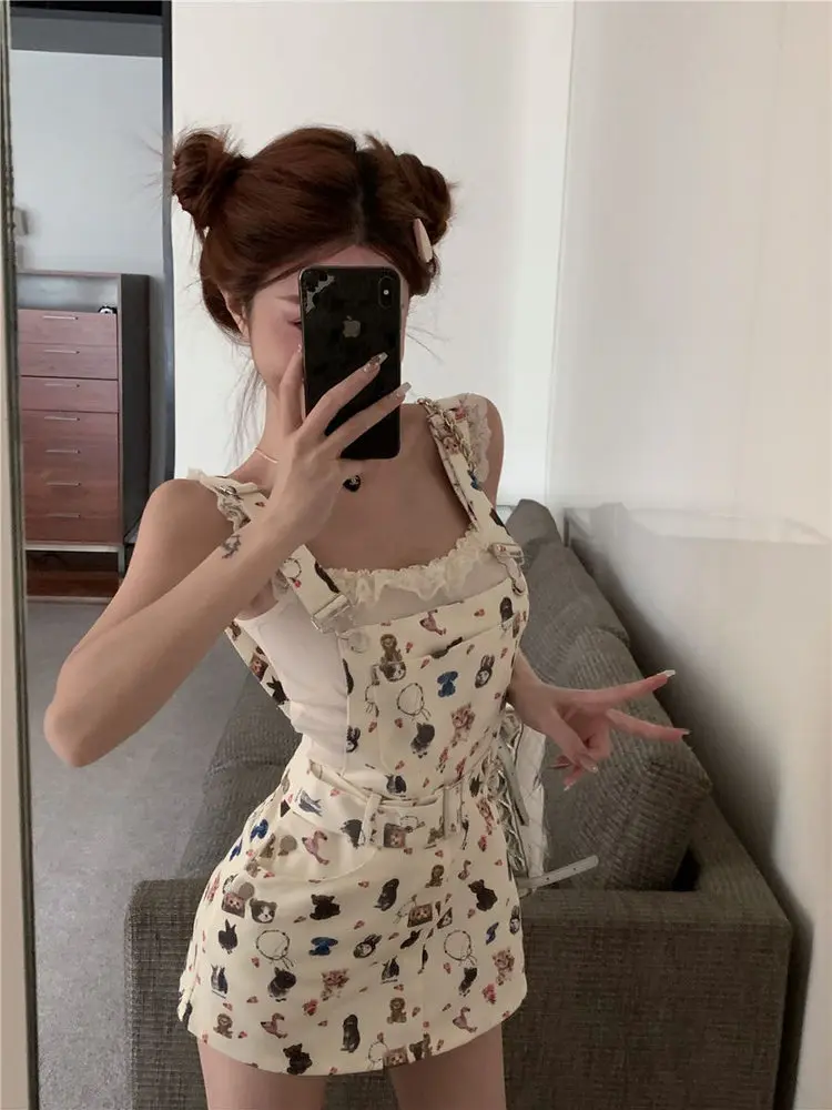 Y2K épicé fille dessin animé imprimé Denim salopette femmes été pur désir gilet t-shirt haut Dr ensemble a-ligne jupe ort Sve