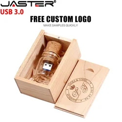 JASTER Free LOGO Wooden + Box USB 3.0 Pen Drive 128GB Wishing Bottle Memory Stick 64GB Wedding Gift Photography Flash Drive 32GB