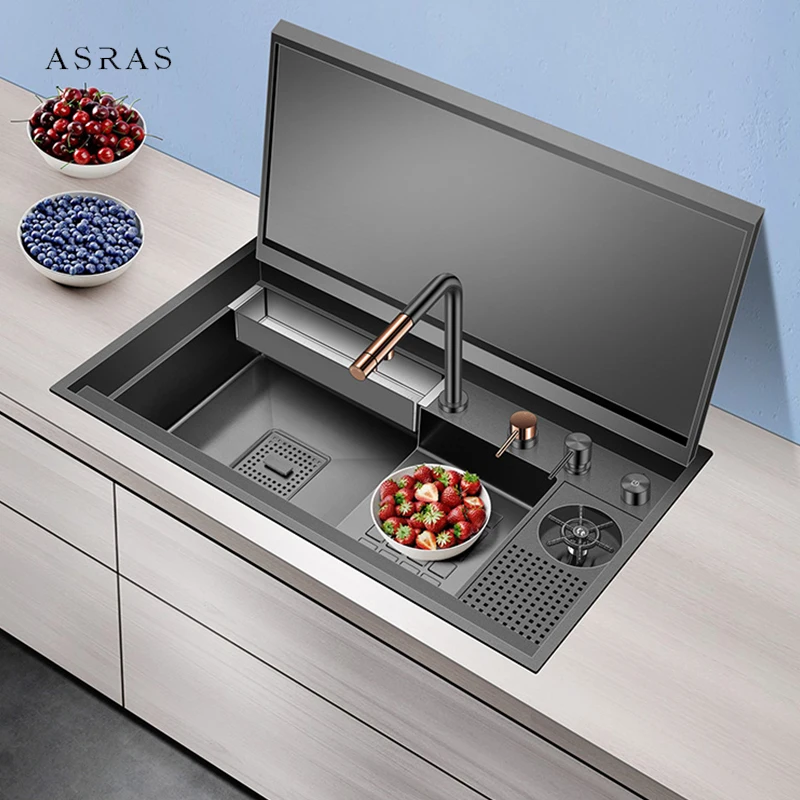 

ASRAS Hidden Bar Island kitchen Sink Nanometer Flip Cover Hidden Sink 4mm Thickness Handmade Stepped Sinks Cup Rinser Sinks