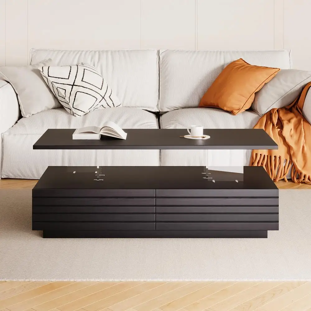 Mesa de centro LED preta moderna Mesa de sala de estar retangular de 2 gavetas de 47,2 polegadas com luzes multicoloridas